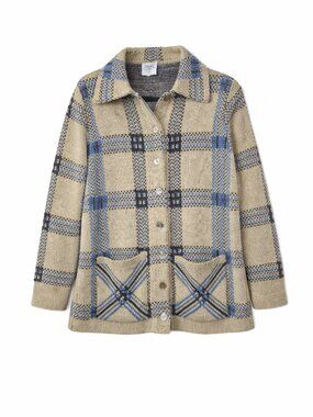 Vintage Plaid Cardigan, Tan & Blue Collared Button-Up, Size Large